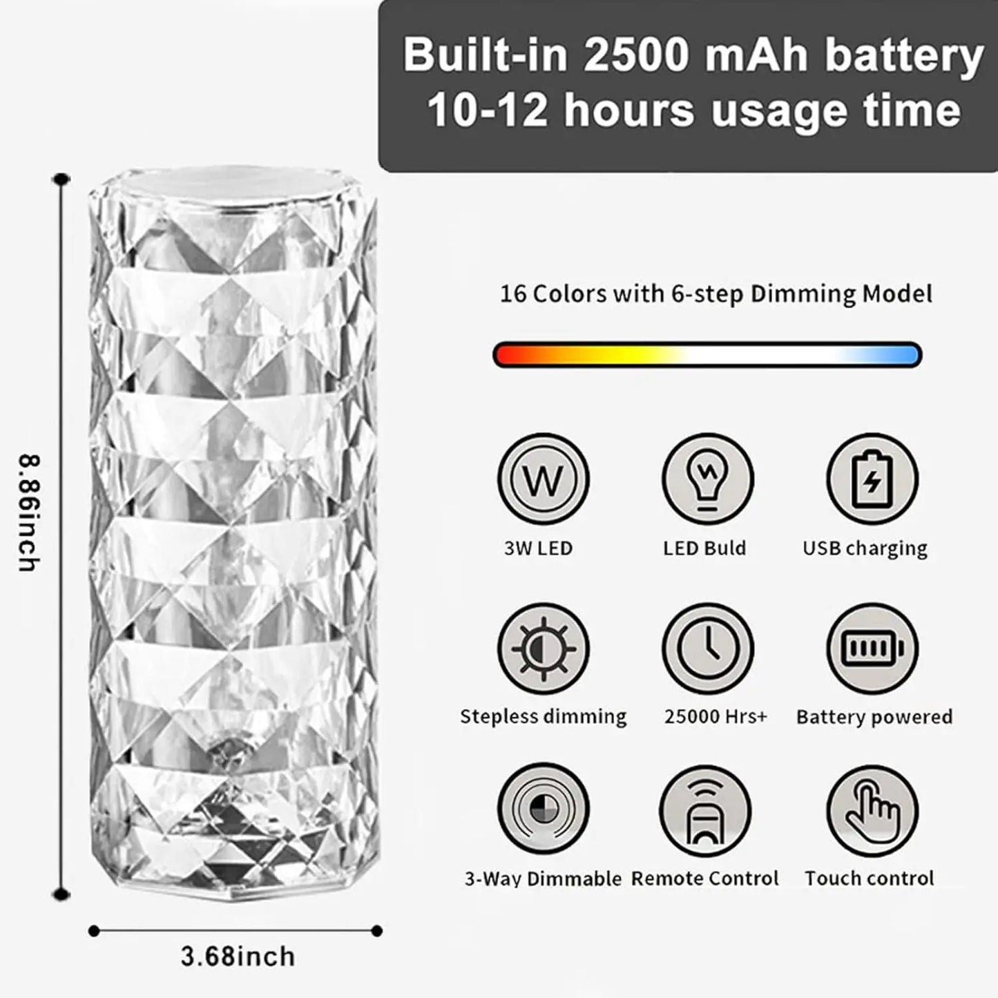 16-Color Rechargeable Rose Crystal Lamp with Remote