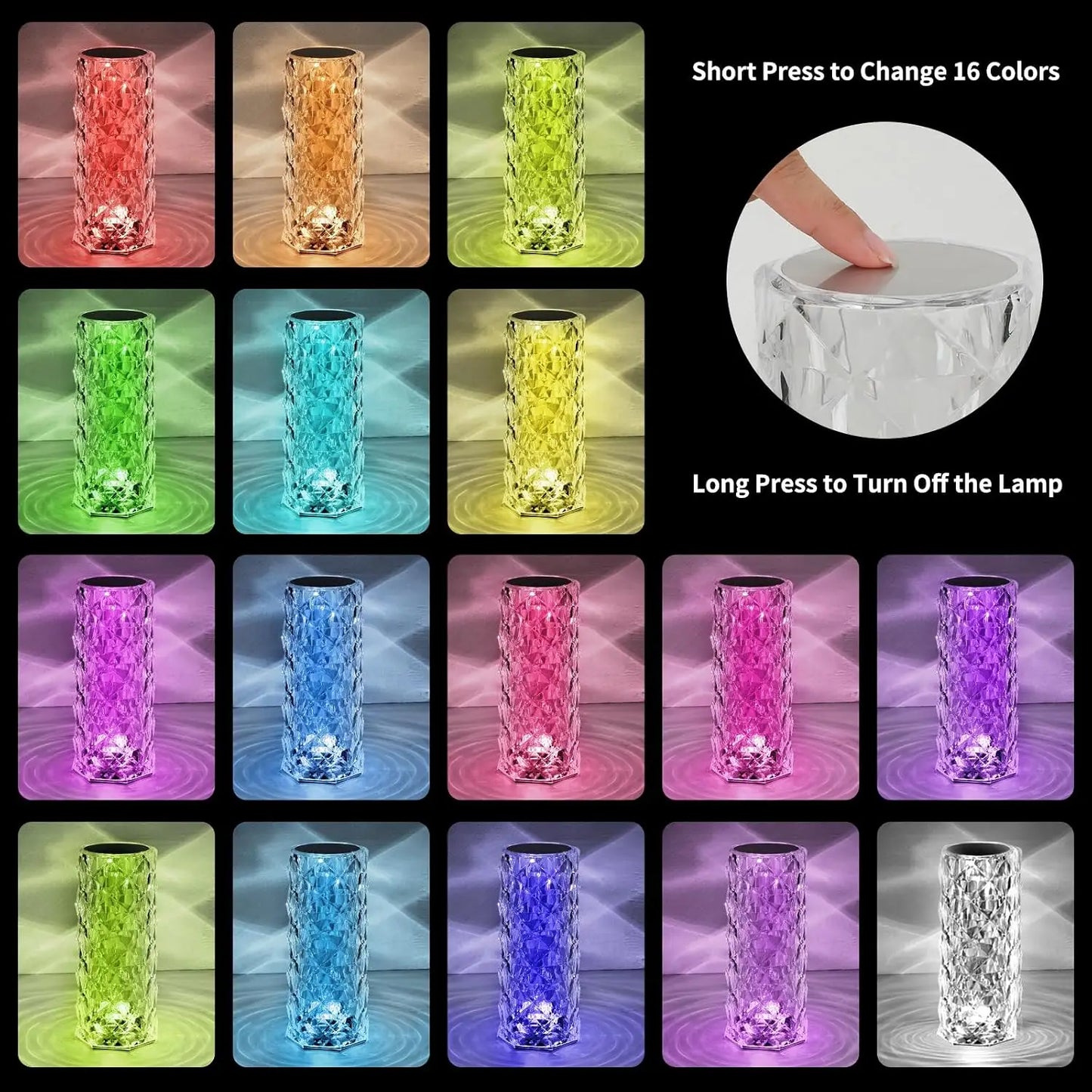 16-Color Rechargeable Rose Crystal Lamp with Remote