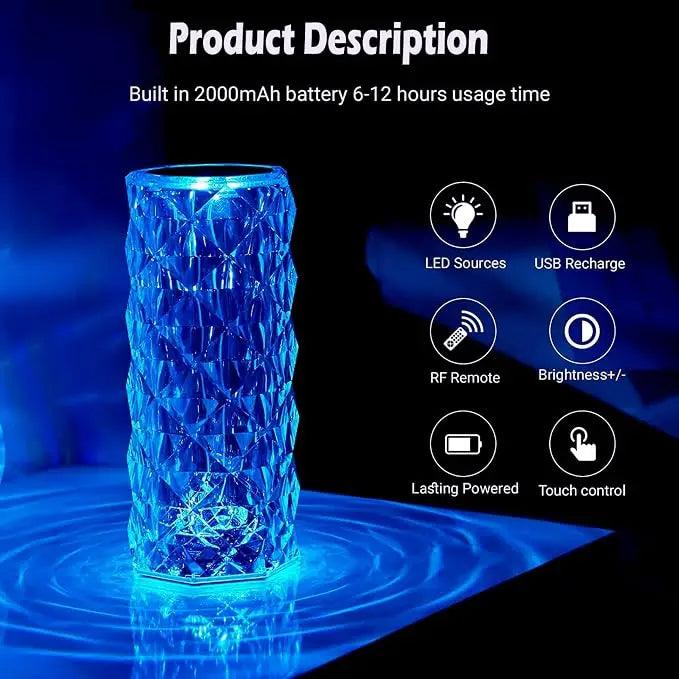 16-Color Rechargeable Rose Crystal Lamp with Remote
