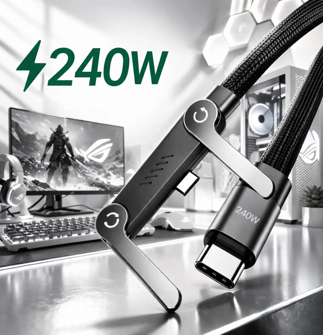 240W USB-C Fast-Charging Cable with Foldable Phone Stand